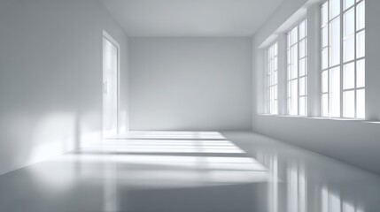Fototapeta premium Spacious empty interior with natural light streaming through large windows, featuring minimalist design and clean lines.