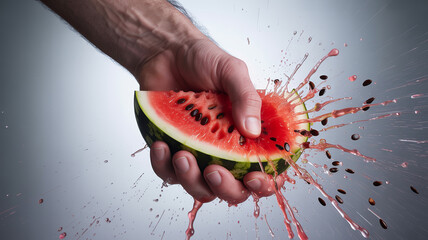 Splashed Watermelon: A hand decisively crushes a juicy watermelon half, causing a vibrant explosion of red juice and scattered seeds, conveying a sense of fresh and summer refreshment.