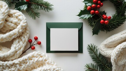 Festive holiday decoration with Christmas greenery, red berries, and cozy knitwear around a blank photo frame.
