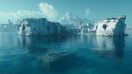 Ruined city structures on a tranquil body of water.