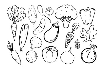 Fresh Vegetables in Black and White: A collection of various fresh vegetables in simple lines style, perfect for conveying the essence of healthy eating.