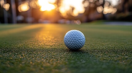 Golf ball on a green at sunset.
