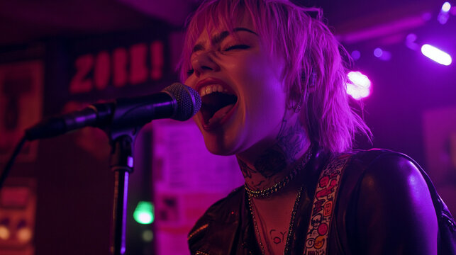 Mid-performance shot of a punk rocker at open mic, colorful stickers glowing under purple light