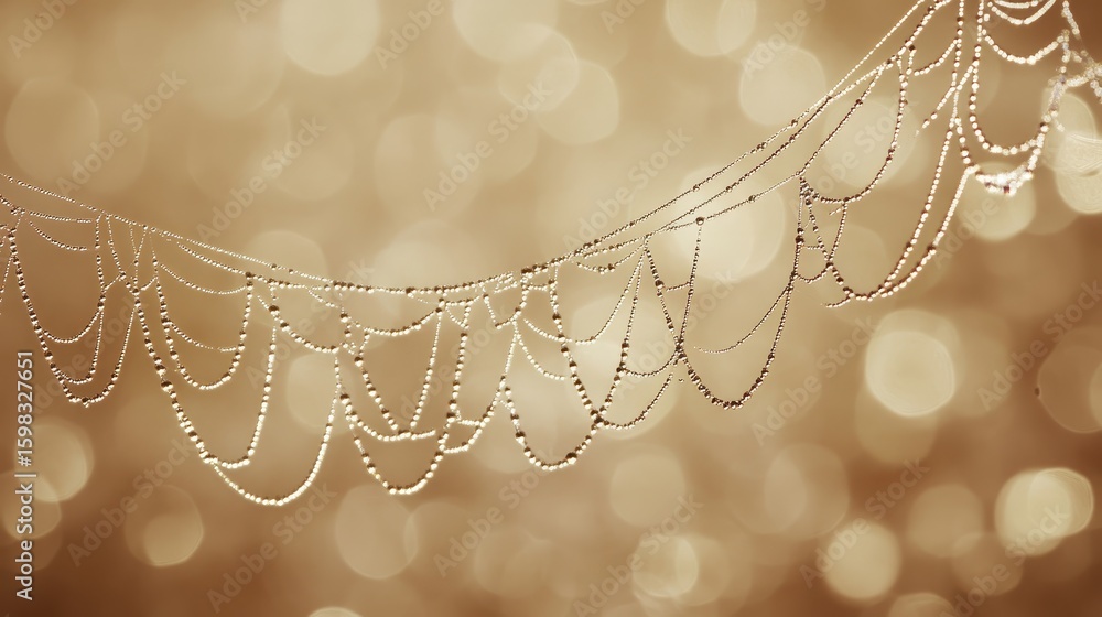 Poster delicate spiderweb glimmering with dew on a soft background