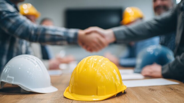 Two professionals shake hands over construction plans, with hard hats on the table, symbolizing collaboration.