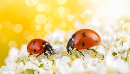 macro photo shot of a pair of ladybugs on white flowers against a yellow background