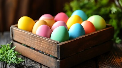 Colorful eggs in a wooden crate.
