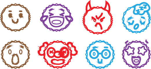 Set of Colorful Whimsical Round Frames and Zigzag Circles – Vector Sticker Pack Featuring Adorable Monster Characters for Children’s Designs