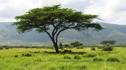 Fototapeta premium Majestic Acacia Tree Collection: Stunning Visuals of Thorny Branches, Fluffy Yellow Blooms, and Graceful Silhouettes Against Savanna Skies, Ideal for Wildlife Documentaries, African Safari Campaigns