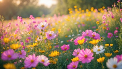 Obraz premium Colorful flower meadow with pink, yellow, and white blossoms in bloom during sunlight. Nature and floral landscape. Blooming flowers and vibrant garden scene.