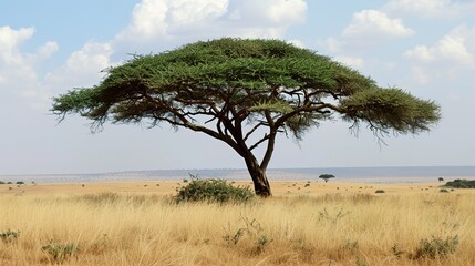 Naklejka premium Majestic Acacia Tree Collection: Stunning Visuals of Thorny Branches, Fluffy Yellow Blooms, and Graceful Silhouettes Against Savanna Skies, Ideal for Wildlife Documentaries, African Safari Campaigns