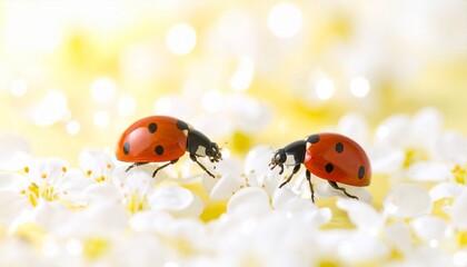 macro photo shot of a pair of ladybugs on white flowers against a yellow background
