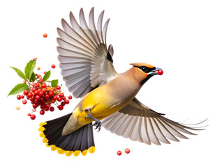 Fototapeta premium Artistic Floating Cedar Waxwing with Serviceberries, Dynamic Feeding Scene, Isolated PNG