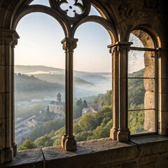 Historic Hillside Town View Through Ornate Stone Arches with Morning Mist

