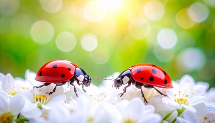 Fototapeta premium macro photo shot of a pair of ladybugs on white flowers against a yellow and green background