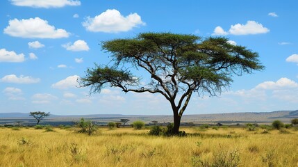 Obraz premium Majestic Acacia Tree Collection: Stunning Visuals of Thorny Branches, Fluffy Yellow Blooms, and Graceful Silhouettes Against Savanna Skies, Ideal for Wildlife Documentaries, African Safari Campaigns
