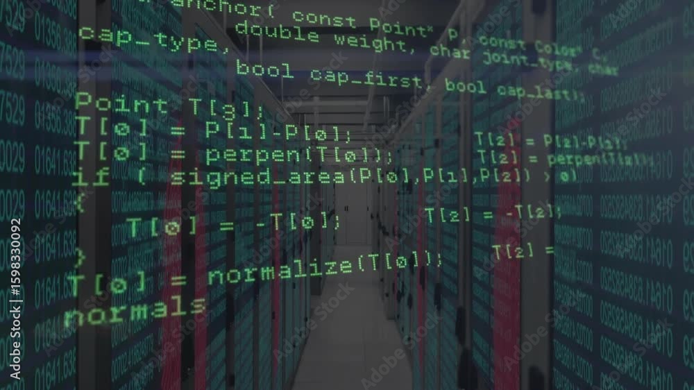 Poster server corridor showing green code overlay fading then scrolling through functions for logical flow