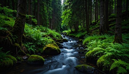 Fototapeta premium Río de aguas oscuras que fluye a través de un exuberante bosque verde