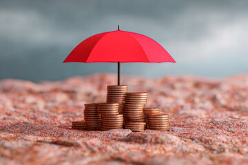 Stacks of coins sheltered under a small red umbrella on a textured surface, symbolizing financial protection or savings security.