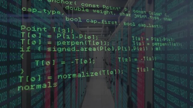 Server corridor showing green code overlay fading then scrolling through functions for logical flow