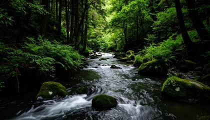 Obraz premium Río de aguas oscuras que fluye a través de un exuberante bosque verde