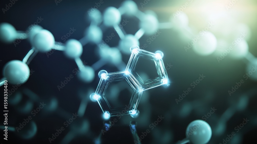 Poster glowing molecular structure in abstract biochemistry visualization