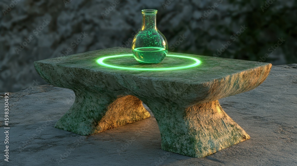 Poster glowing laboratory table with flask and green neon circle
