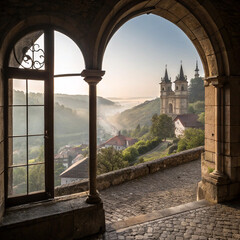 Historic Castle View Through Stone Archway with Morning Mist Over Valley

