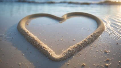 Fototapeta premium Sand heart shape on the beach during sunset. Romantic and love concept with natural elements. The image of affection and connection. The theme of love and nature.