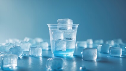 Ice cubes in a transparent cup with ice cubes scattered around, cold beverage concept. Refreshing drinks and ice cooling. The concept of cold refreshment.