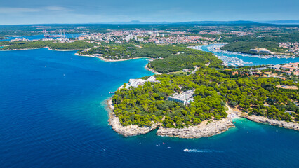Naklejka premium Aerial view of Verudela Peninsula near Pula, Croatia – Grand Hotel Brioni, Hawaii Beach, Verudela Canyon and scenic Adriatic coastline