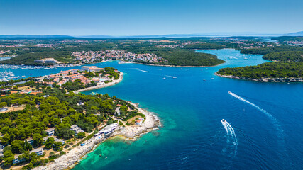Obraz premium Aerial view of Verudela Peninsula near Pula, Croatia – Grand Hotel Brioni, Hawaii Beach, Verudela Canyon and scenic Adriatic coastline