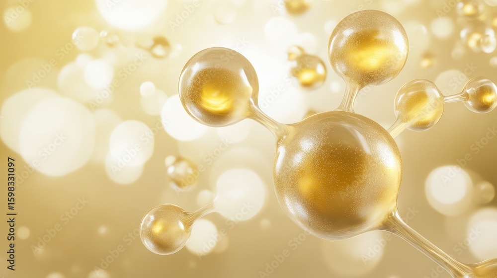 Poster golden molecular structure with bokeh effect on a shimmering background