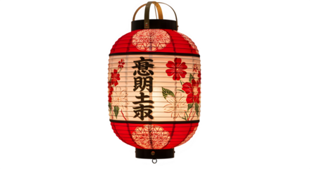 Traditional red Japanese lantern with floral design and text  isolate white background