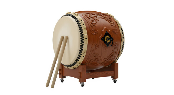Traditional Japanese taiko drum with wooden mallets on stand  isolate white background