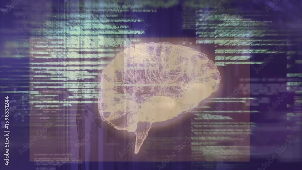 Poster translucent 3d brain appearing on purple backdrop, streaming code, rotating, revealing neural paths