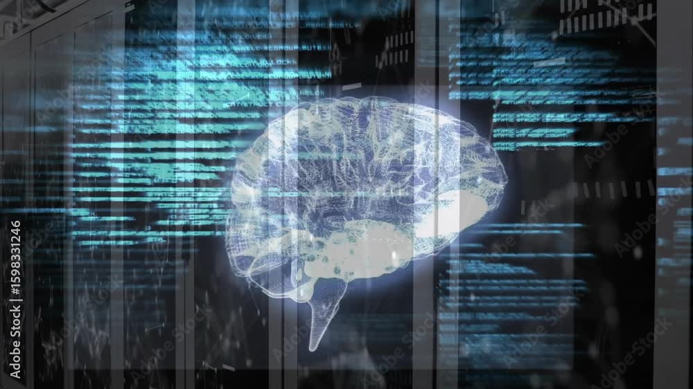 Poster blinking server lights initiating 3d brain emerging, code streams pulsing visualizing processing
