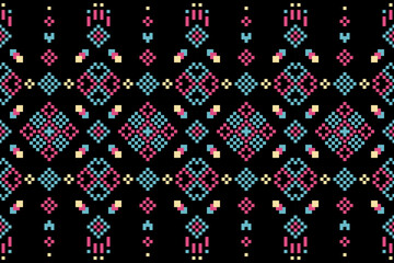 A seamless pixel art pattern inspired by traditional ethnic textiles. Featuring geometric motifs and intricate symmetrical designs, perfect for fashion, fabric prints, digital backgrounds, and decorat
