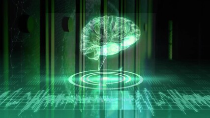 Projector ring glowing emitting neon activating rotating brain hologram pulsing waveform for scan - Powered by Adobe