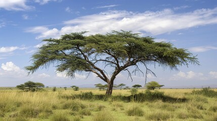 Naklejka premium Majestic Acacia Tree Collection: Stunning Visuals of Thorny Branches, Fluffy Yellow Blooms, and Graceful Silhouettes Against Savanna Skies, Ideal for Wildlife Documentaries, African Safari Campaigns