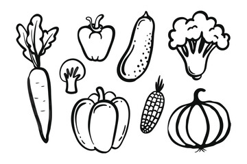 Fresh Veggie Selection: A collection of hand-drawn, monochrome vegetables with clean lines and a playful design, offering a visual feast for healthy eating and natural food concepts.