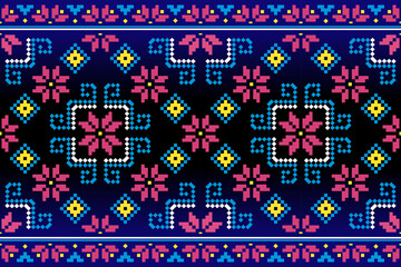 A seamless pixel art pattern inspired by traditional ethnic textiles. Featuring geometric motifs and intricate symmetrical designs, perfect for fashion, fabric prints, digital backgrounds, and decorat