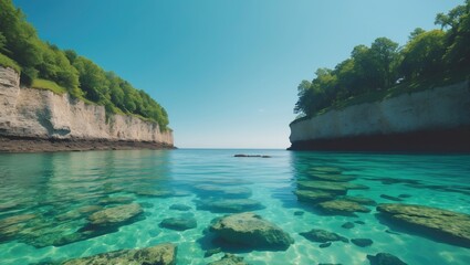 A clear turquoise sea with rocky underwater formations, flanked by green-covered cliffs under a bright blue sky.