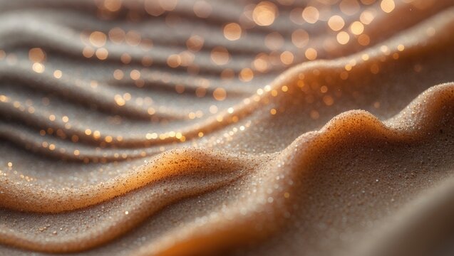 Close-up of sand dunes with tiny reflective particles, creating a shimmering effect. Abstract landscape or textured surface. Details of granular texture and light reflections.
