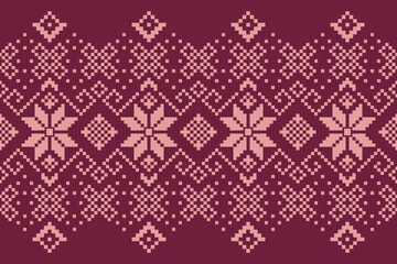 A seamless pixel art pattern inspired by traditional ethnic textiles. Featuring geometric motifs and intricate symmetrical designs, perfect for fashion, fabric prints, digital backgrounds, and decorat