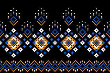 A seamless pixel art pattern inspired by traditional ethnic textiles. Featuring geometric motifs and intricate symmetrical designs, perfect for fashion, fabric prints, digital backgrounds, and decorat