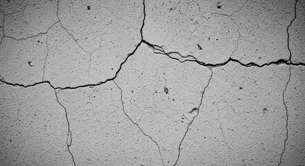 Monochrome background of a cracked concrete wall. Abstract grunge texture with deep fissures.