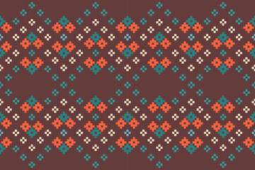 A seamless pixel art pattern inspired by traditional ethnic textiles. Featuring geometric motifs and intricate symmetrical designs, perfect for fashion, fabric prints, digital backgrounds, and decorat