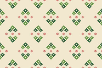 A seamless pixel art pattern inspired by traditional ethnic textiles. Featuring geometric motifs and intricate symmetrical designs, perfect for fashion, fabric prints, digital backgrounds, and decorat