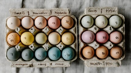 A beautiful flat lay of pastel egg cartons with handwritten farm codes on a linen backdrop, capturing an artisanal packaging vibe.